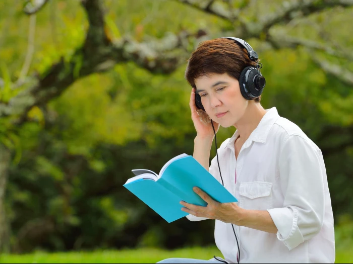 woman, book, listening, headphones, trees