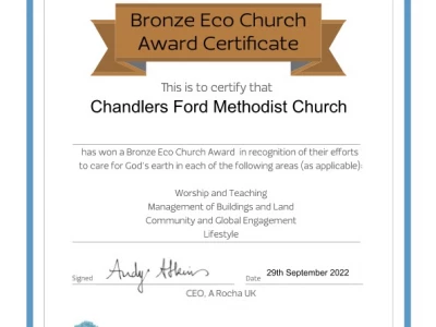 Chandlers Ford Methodist Church Bronze Eco Church Award Certificate