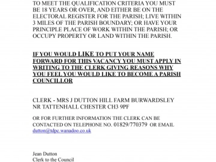 PARISH COUNCIL VACANCY NOTICE