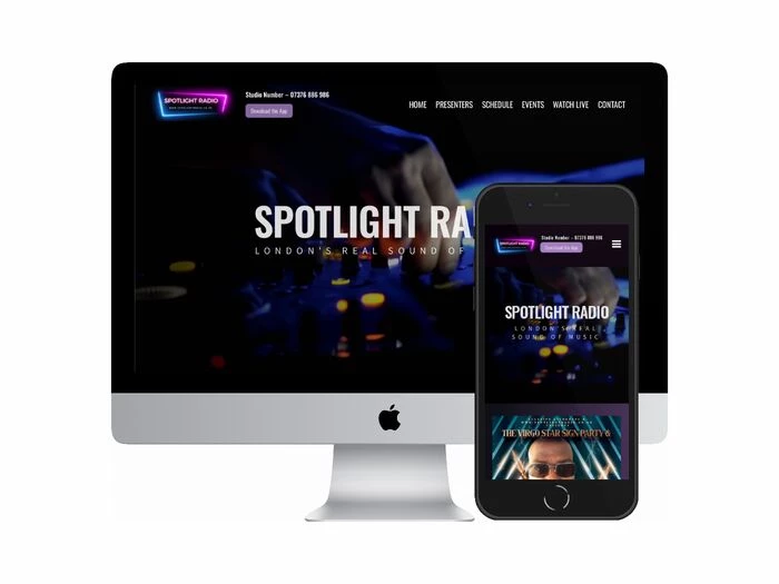 Desktop and mobile screenshots of the Spotlight Radio website