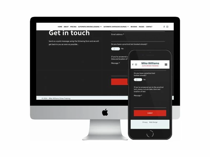 Desktop and mobile screenshots of the Mike Williams Driver Training website
