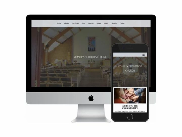 Desktop and mobile screenshots of the Romiley Methodist Church website