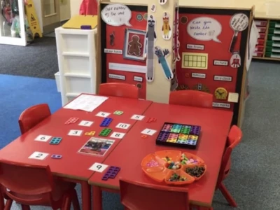 Red table with maths work