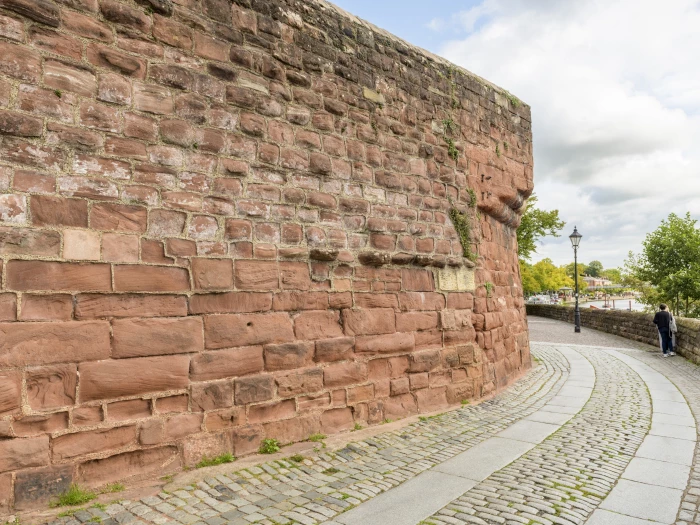 chester city walls  hard cement mortar standing proud between eroded sandstone