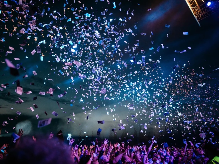 confetti cascading down during a rock concert