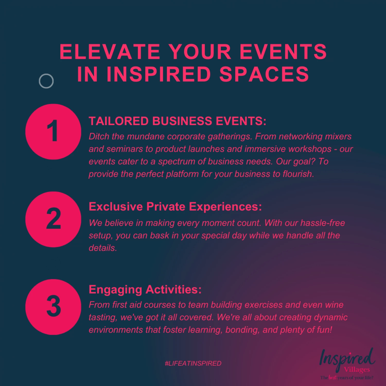 corporate and private event space at inspired villages