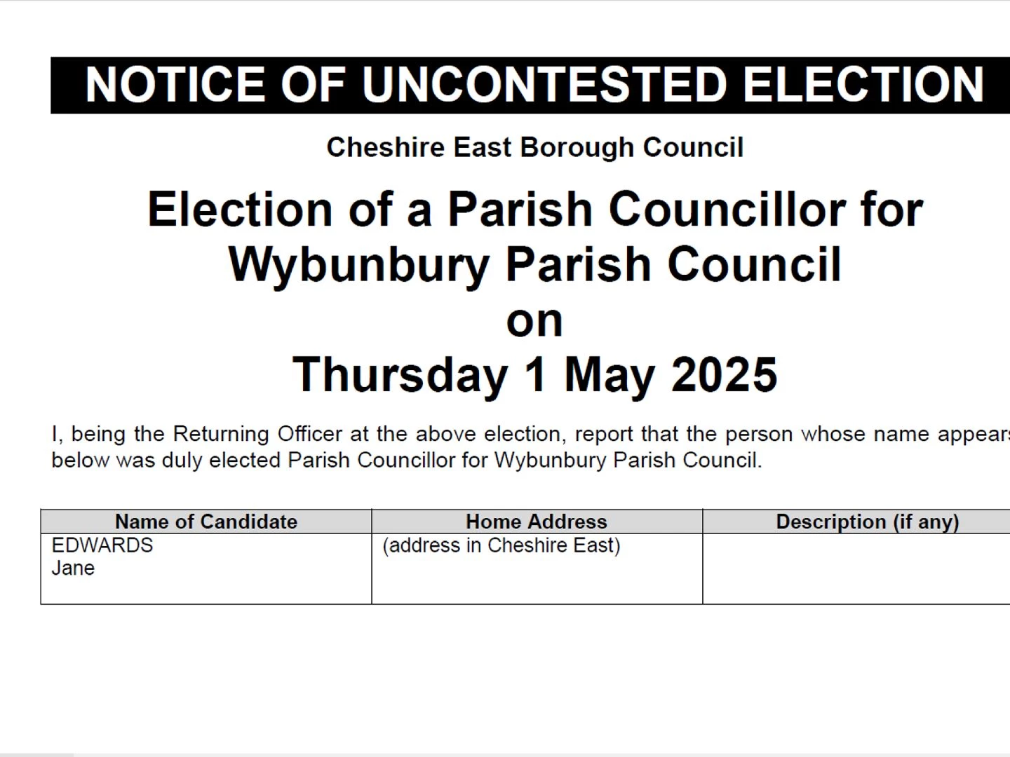 notice of uncontested election