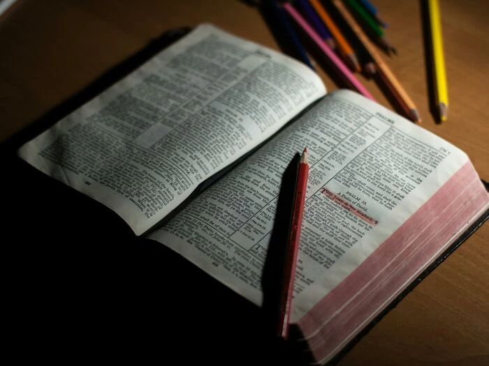 pink pencil on open bible page and pink