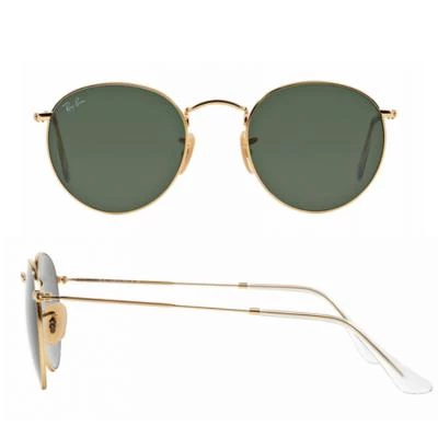 Ray-Ban RB3447 Round Metal Sunglasses in Gold with Green Crystal Lenses