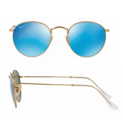 rb34471124lshot2 rayban round metal matte gold with crystal blue mirror polarised lenses