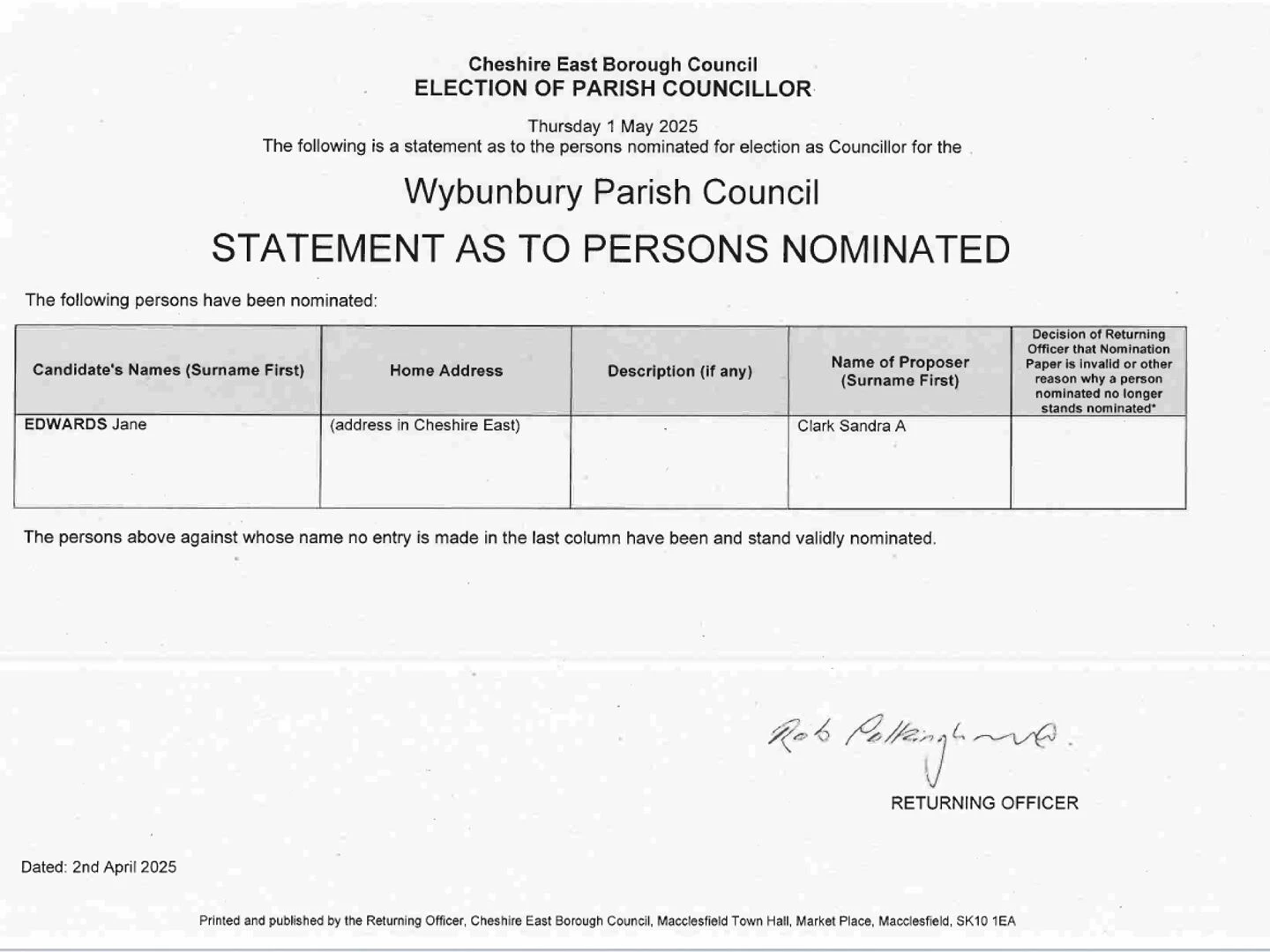 statement as to persons nominated