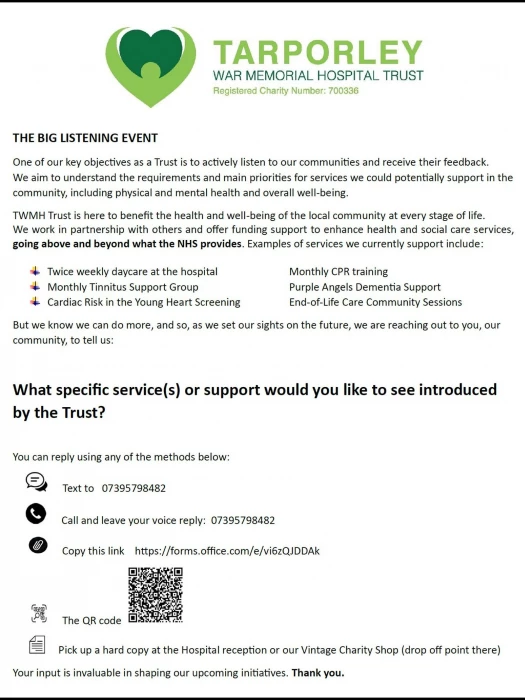 tarporley hospital big listening event flyer 2024