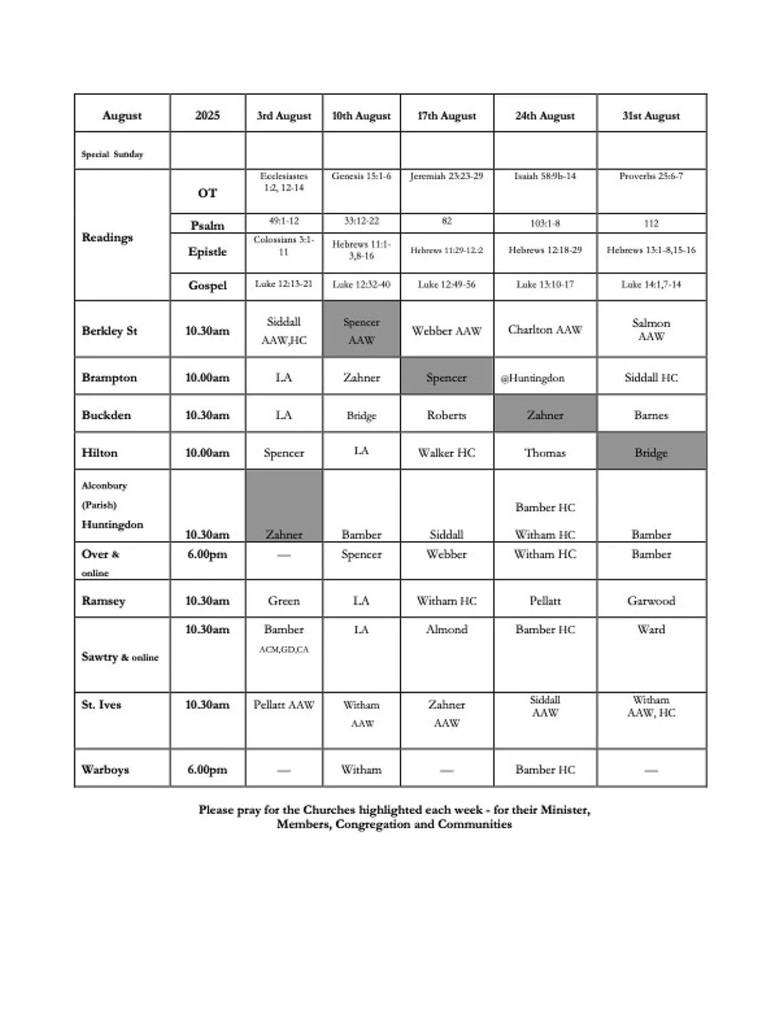 worship opportunities august